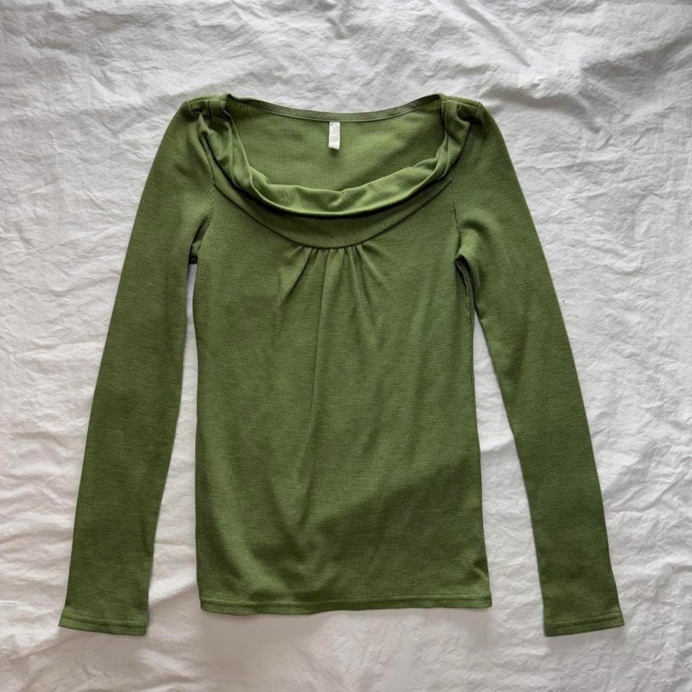 Y2k Old Navy Waffle Knit Cowl Neck Green Long Sleeve Shirt Sz S